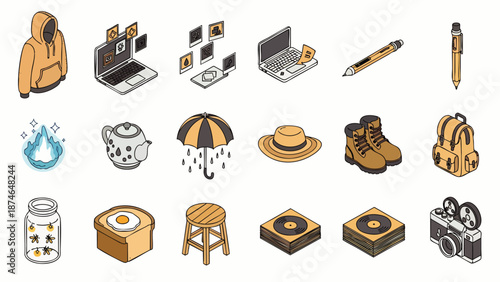 Isometric everyday objects icon set. Collection of various items including technology, fashion, home goods, and leisure elements in a modern 3D style.