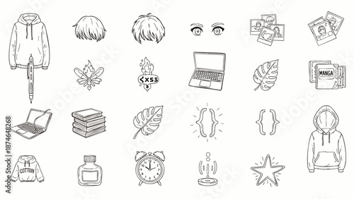 Modern lifestyle hand-drawn doodle icon set: hoodies, laptops, books, leaves, and abstract symbols, perfect for web and print graphic design.