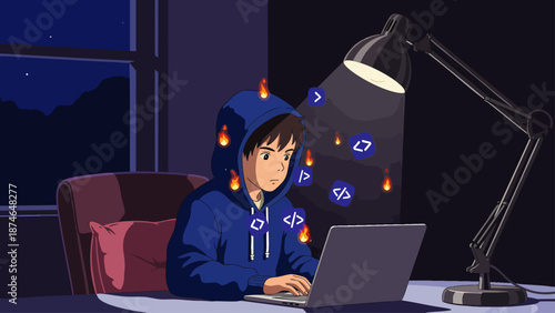 Young programmer intensely focused on coding on a laptop at night. Glowing digital code symbols and creative flames illustrate dedicated software development.