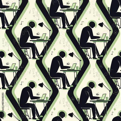 Seamless pattern of a focused person working on a laptop at a desk, illustrating remote work, digital productivity, and contemporary home office life.
