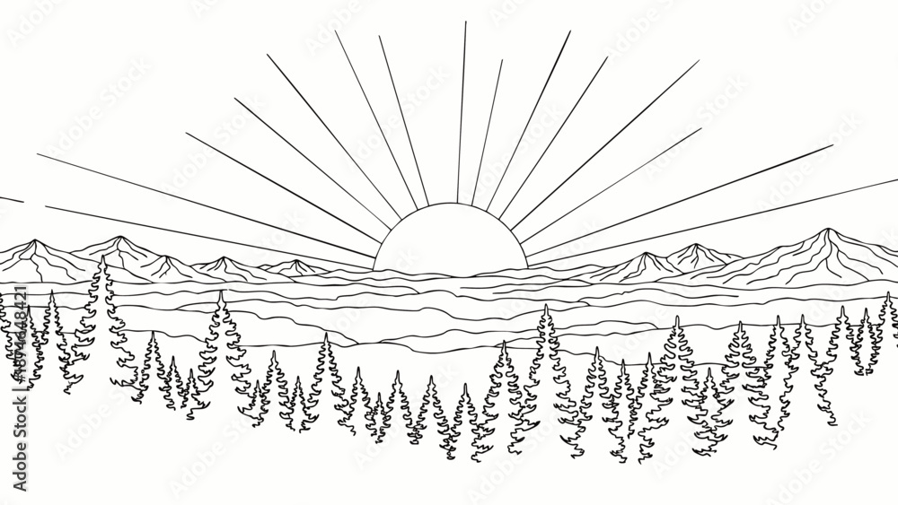 Fototapeta premium Minimalist line art illustration of a serene mountain landscape with a vibrant sunrise over the peaks and a dense pine forest in the foreground, capturing the beauty of nature.