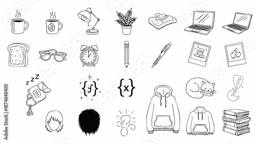 Hand-drawn doodle icon set: everyday objects, desk items, and lifestyle elements. Simple black and white illustrations for web, print, and design.