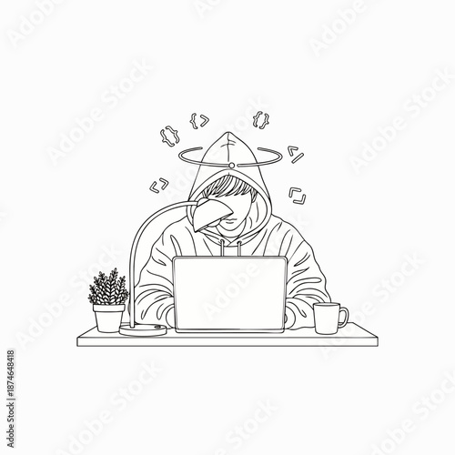 Line art illustration of a focused programmer in a hoodie working on a laptop at a desk, surrounded by coding symbols. Concept of modern software development and tech.