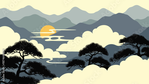 Serene Asian landscape illustration with layered mountains, setting sun, stylized clouds, and traditional pine trees in a minimalist vector art style, evoking tranquility and nature.