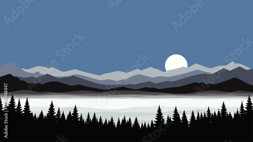 Tranquil minimalist vector landscape featuring layered mountain silhouettes, a calm lake, and a dense pine forest under a serene evening or morning sky.