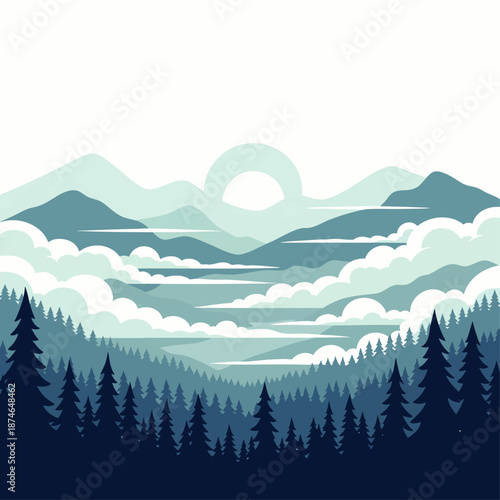 Minimalist vector illustration of a serene layered mountain landscape with dense pine forest, rolling hills, and fluffy clouds at dawn or dusk, evoking tranquility and natural beauty.