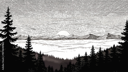 Classic black and white engraving of a majestic mountain landscape at sunrise or sunset, featuring silhouetted pine trees overlooking a misty valley.