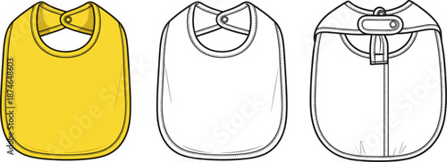 Baby bib vector illustration set, front and back views, technical fashion flat sketch template, infant feeding accessory, yellow color and outline style, apparel design mockup.