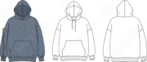 Hoodie technical flat sketch illustration, front and back views, oversized pullover sweatshirt design with kangaroo pocket, fashion apparel template vector
