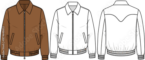 Men's brown jacket technical illustration, bomber style vector sketch, front and back view, casual outerwear design, zip up blouson, fashion flat template.