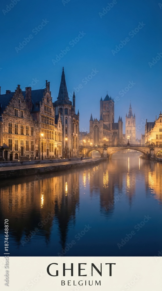 Fototapeta premium Ghent Belgium Medieval Canal Cityscape Historic Architecture Night 