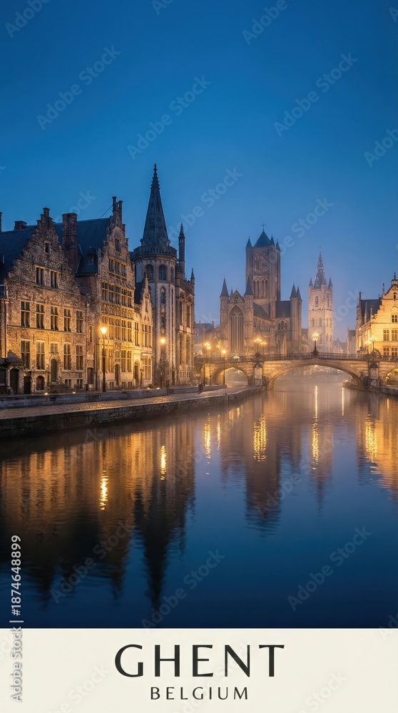 Fototapeta premium Ghent Belgium Medieval Canal Cityscape Historic Architecture Night 