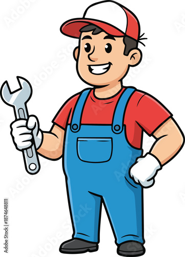 A cheerful cartoon plumber or mechanic wearing blue overalls and a red cap holding a large wrench