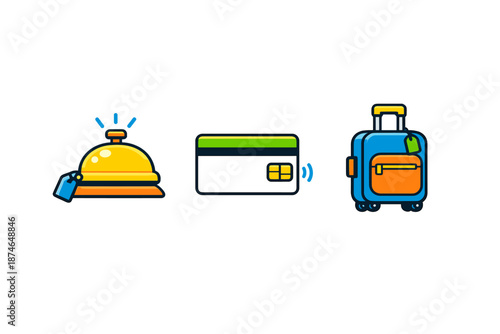 Hotel booking icons: bellhop, credit card, and luggage