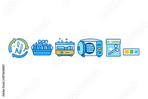 Set of icons representing sterilization and cleaning equipment
