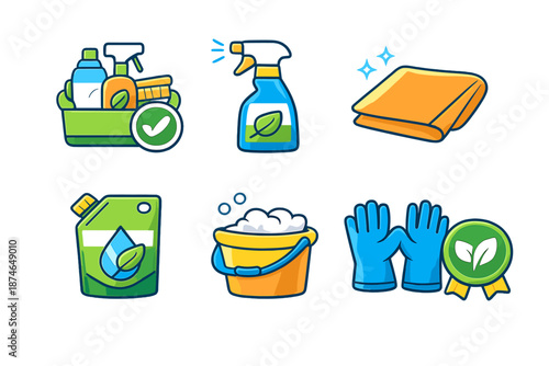 Set of cleaning supplies icons with glowing effect