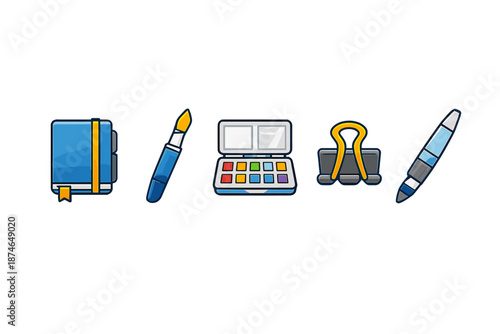 Creative stationery items laid out on a gray background