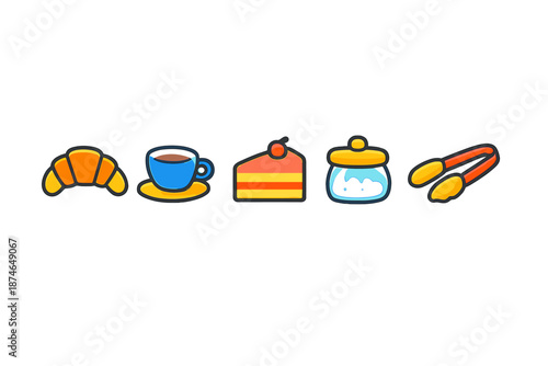 Breakfast icons: croissant, coffee, cake, sugar jar, tongs