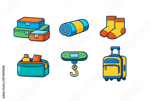 Collection of travel icons on a dark background