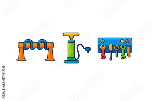 Set of bicycle repair icons with neon glow