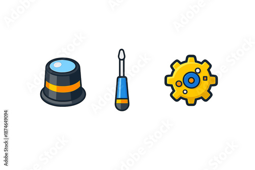 Collection of Icons: Thimble, Screwdriver, and Gear