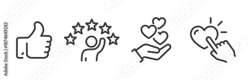 Set of social media interaction icons, like, feeling, customer satisfaction, favorite, positive feedback. Isolated on white.