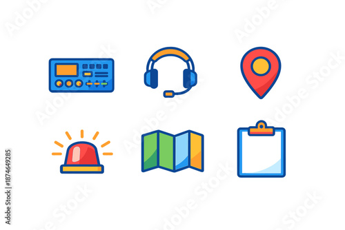 Set of 6 flat icons representing emergency services and communication tools