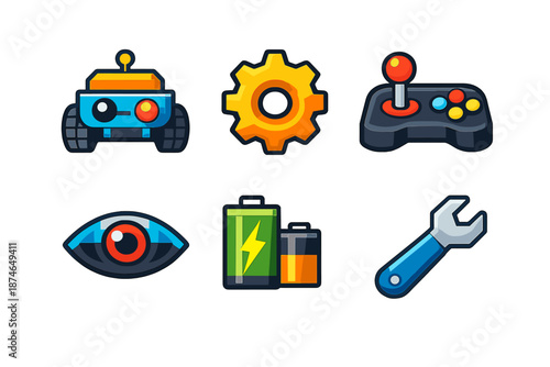 Set of six video game icons on a dark gradient background