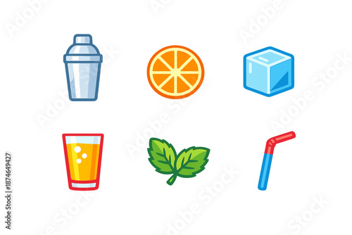 Cocktail ingredients and tools glowing icons on a black background