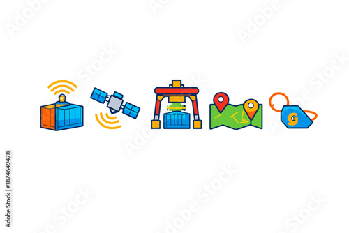 Logistics icons with satellite, shipping container, crane, and map
