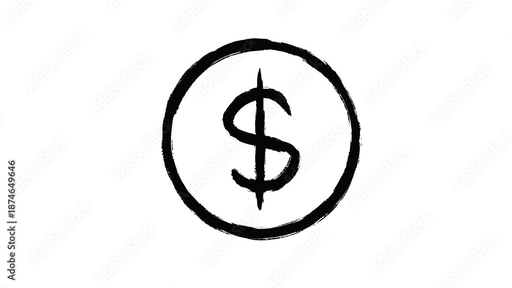 Obraz premium Hand-drawn dollar coin icon isolated on white background, grunge money currency symbol vector, hand-drawn black finance sign illustration, transparent.