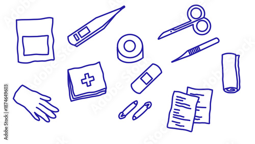 Tableau sur toile Illustration of medical supplies: thermometer, gauze, bandages, scissors, gloves, tape and safety pins, vector graphic outline against white background, transparent PNG