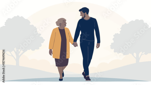 Loving senior woman and young man holding hands walking outdoors