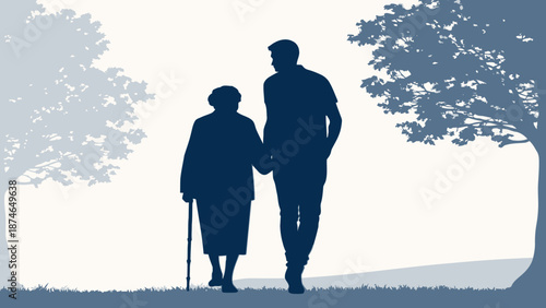 Tender moment of adult son walking with elderly mother in park