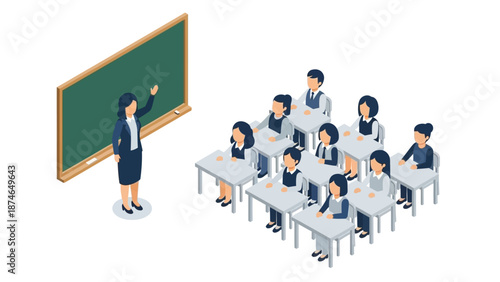 Isometric classroom scene with teacher and students in school uniforms