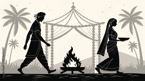 Romantic Indian couple walking by campfire in tropical setting