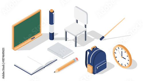 Isometric school supplies set with chalkboard, chair, backpack, and stationery for education themes