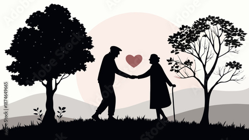 Elderly couple holding hands with heart in serene landscape