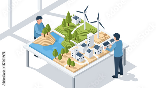 Sustainable city design on table with renewable energy and green landscapes in isometric style