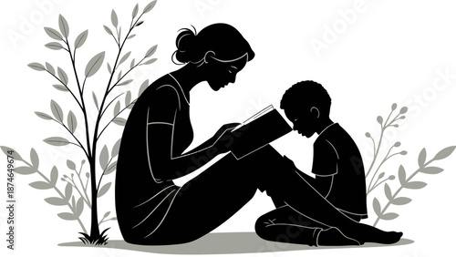 Woman reading to a young boy in a serene outdoor setting