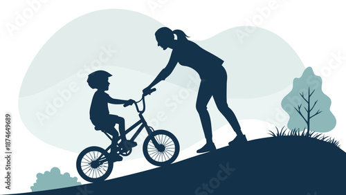 Woman teaching young child to ride bicycle on gentle hill