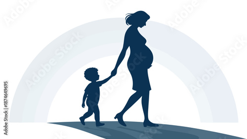 Pregnant woman and child walking hand in hand under rainbow