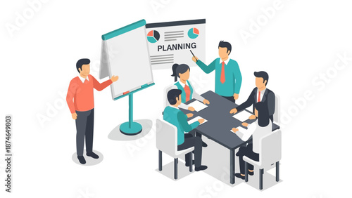 Business meeting and presentation in modern office with diverse team engaged in strategic planning