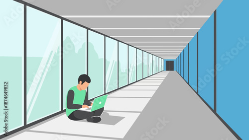 Minimalist interior with lone student using laptop in modern school hallway