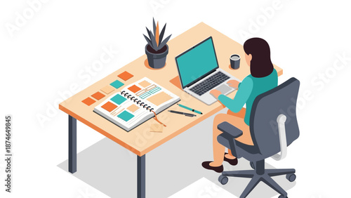 Isometric office workspace with woman using laptop and planner in modern setting