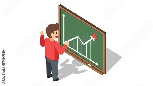 Isometric businessman analyzing growth chart on chalkboard