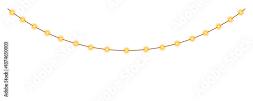 Curved line of festive garland with bright yellow lights, highlighted against a transparent background. Sparkling festive decor. Perfect for New Year's, Christmas, or other holiday designs. PNG. Vecto