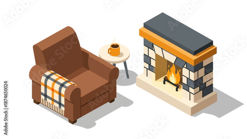 Cozy living room with armchair and fireplace in isometric style