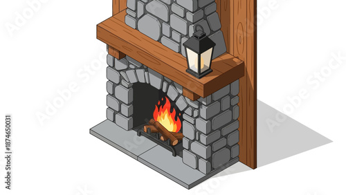 Cozy isometric stone fireplace with lit lantern and crackling fire
