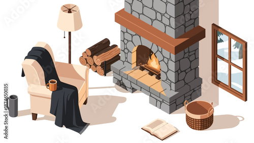 Cozy winter scene with fireplace and armchair in isometric design